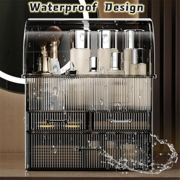 Suyoo Makeup Storage Organiser, XL Large Acrylic Cosmetics Organizer Skincare Display Case with Drawers and Waterproof Cover for Countertop, Bathroom, Dresser(Black-XL)