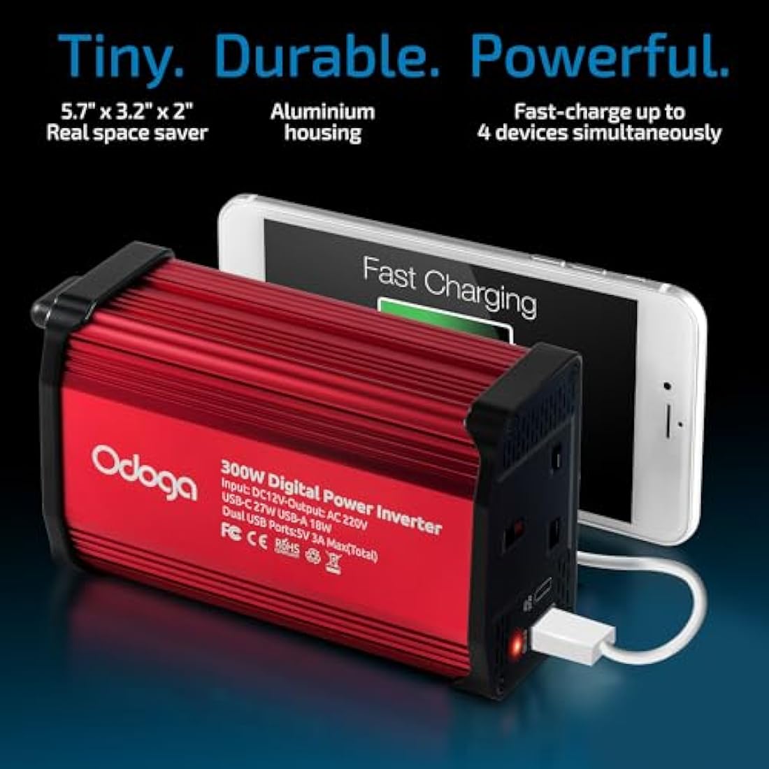 Odoga 300W Car Power Inverter 12V to 240V / 230V Converter, USB-A and USB-C 3A Charging Ports - Charge Your Laptop, iPad, iPhone, Tablet, Consoles & More - Durable and Powerful - Red Aluminum Body