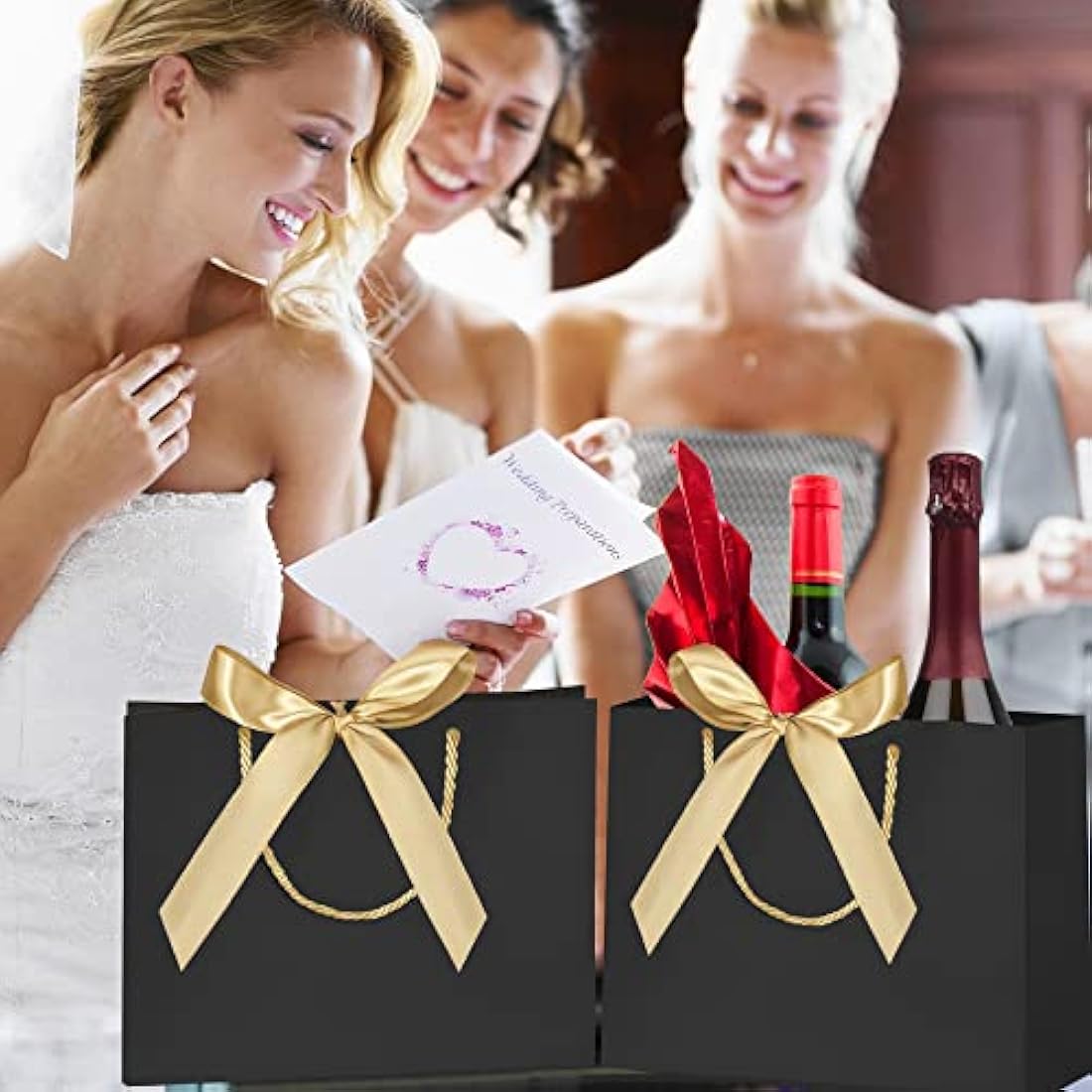 10pcs Gift Bag With Gold Ribbin Luxury Paper Party bag With Handles For Wedding Birthday Baby Shower Halloween Christams((32 * 25 * 10cm, Black)