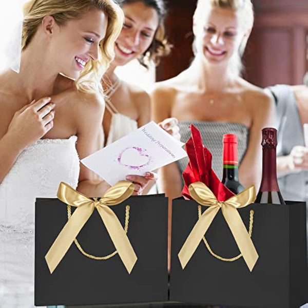 10pcs Gift Bag With Gold Ribbin Luxury Paper Party bag With Handles For Wedding Birthday Baby Shower Halloween Christams((32 * 25 * 10cm, Black)