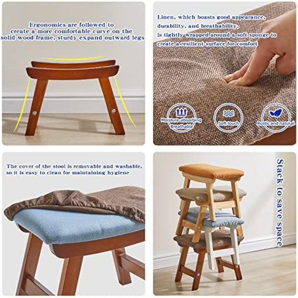 Aibiju Wooden Footstool, Foot Stool Ottoman Padded Chair Stool with Removable Cover 4 Beech Legs Suitable for Bedroom, Living Room and Kitchen, (Brown leg+ Brown cushion), YDEU-1359