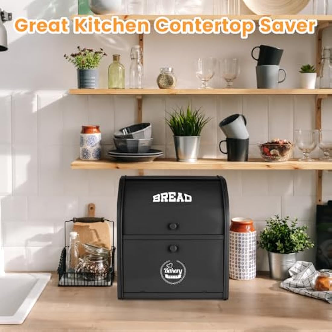 Esilihom Bread Bin, Bread Bins for Kitchen, 2-Layer | Large | Roll Top | 30 x 24.5 x 32.5cm, Black