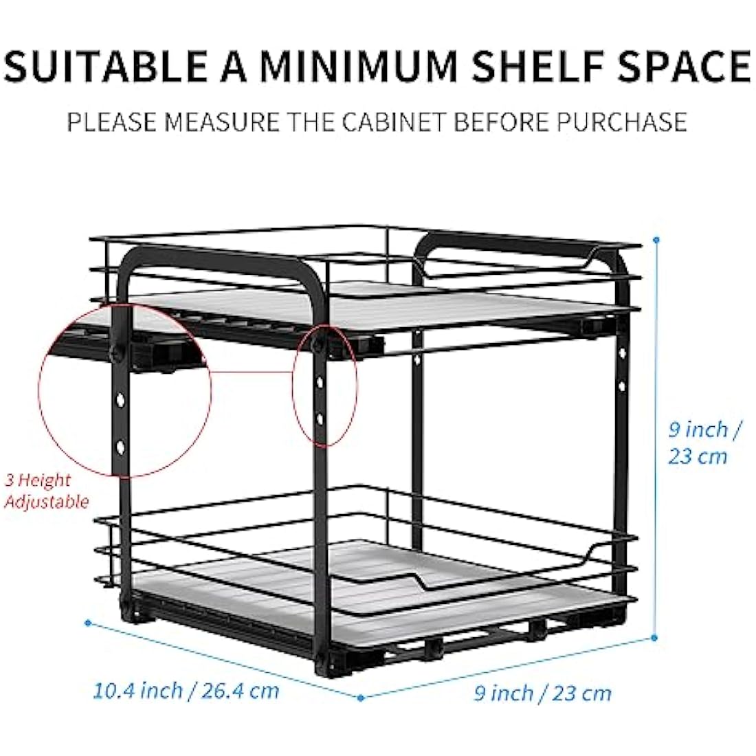 AIRUJIA Pull Out Cabinet Organizer - Height Adjustable 2-Tier Spice Rack, Heavy Duty Metal, Kitchen Storage Shelf - L10.4*W9*H9inch