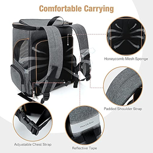 Lekesky Expandable Cat Carrier Backpack - Portable Breathable Rucksack for Medium and Small Cats & Dogs, Foldable with Inner Escape-proof Leash and Pet Mat, Supports 20 lbs (Grey)