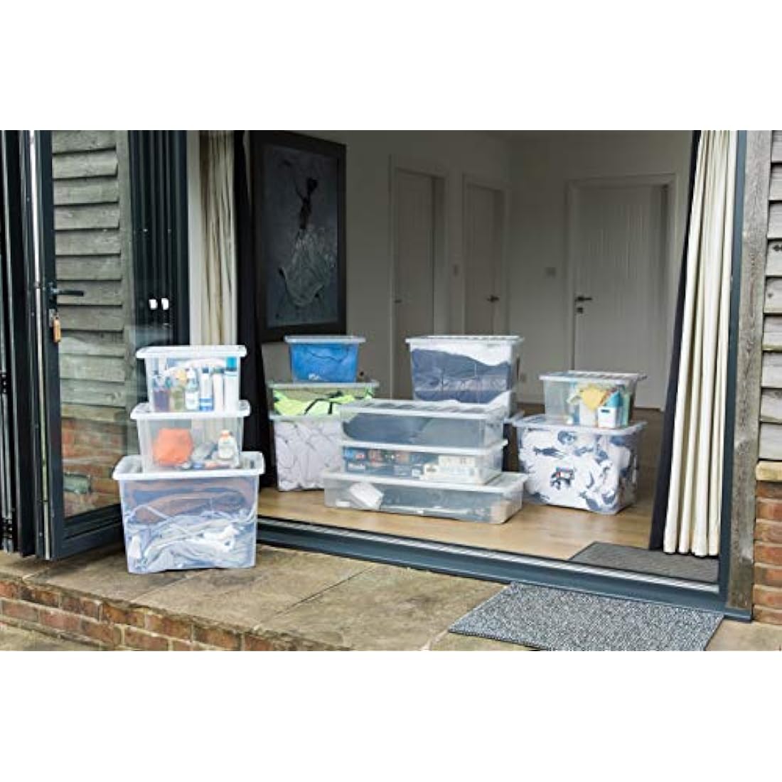 4 x 45L Plastic Storage Boxes Crystal Clear Box & Lid Suitable for all around the Home Office and Workplace Stackable Nestable Large Strong Boxes – 60 x 40 x 25 cm