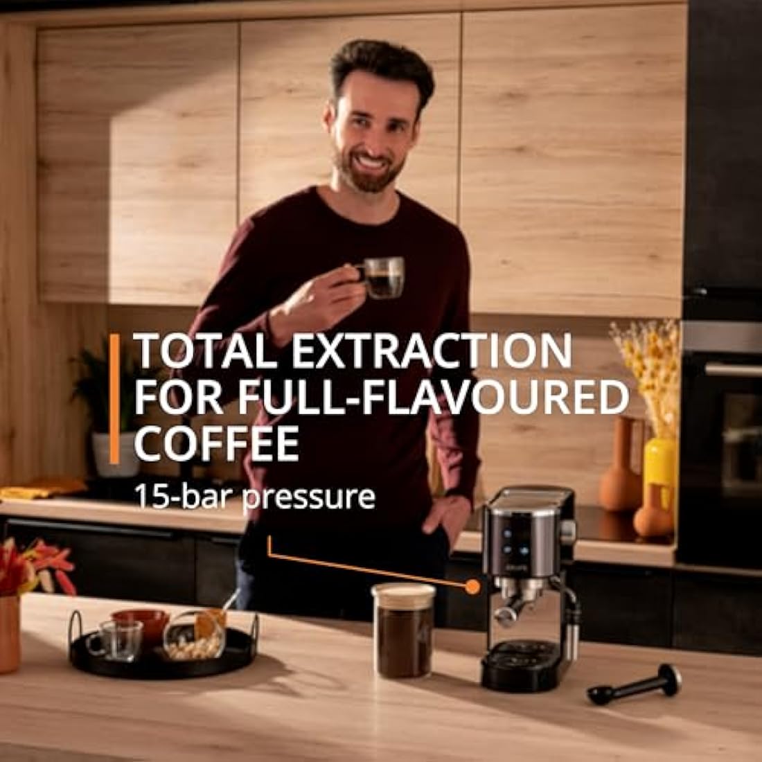 Krups Virtuoso + Pump Espresso Machine, Sleek Compact Design, Auto Flow-Stop, Espresso and Cappuccino Maker, Black Stainless Steel, XP444GG0