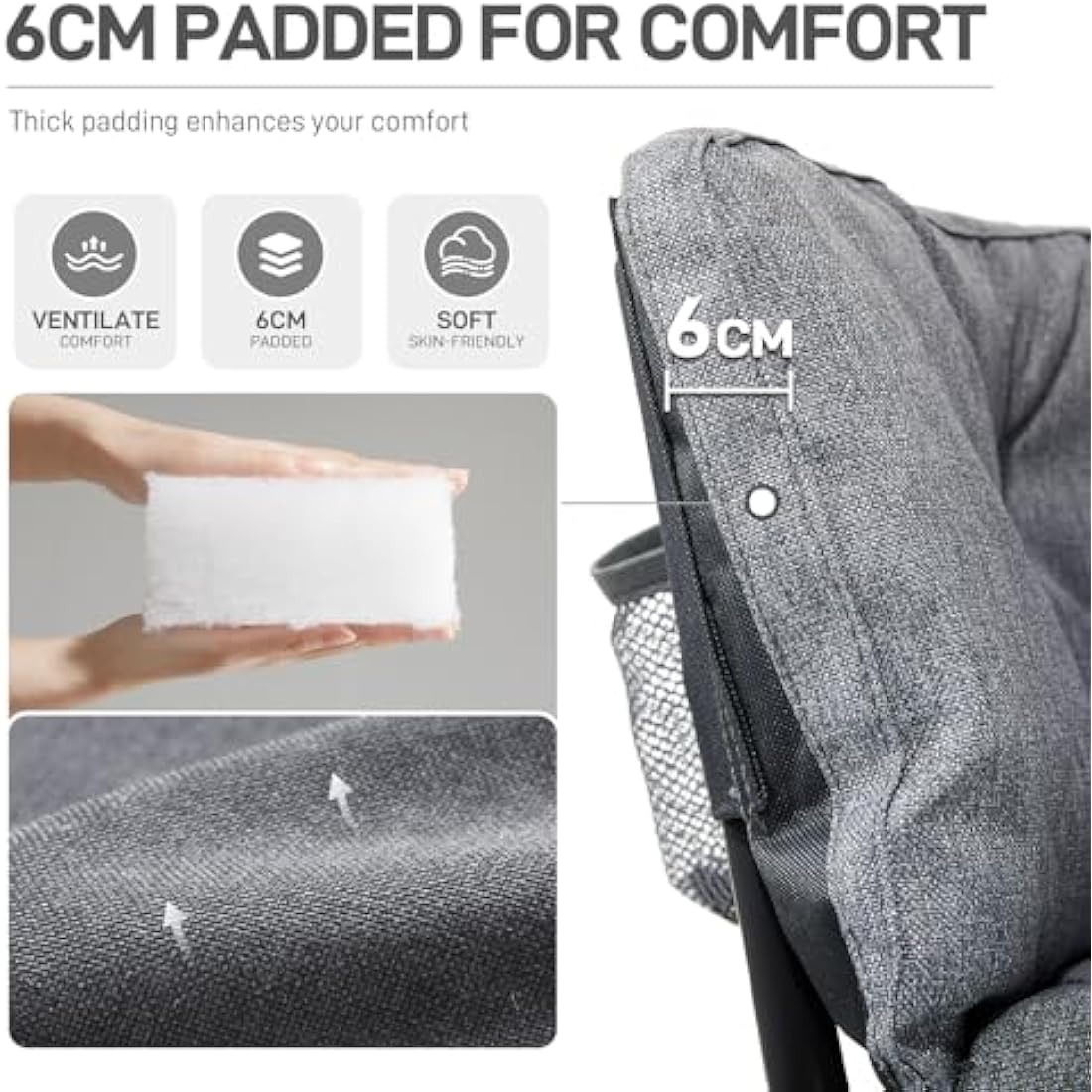 EVER ADVANCED Camping Chair Double for Adults 6cm Padded 320kg Folding 2 Seater Sofa with Side Pocket Dining Garden Outdoor Heavy Duty Luxury Fishing Chair Portable Oversized Comfy Lightgrey