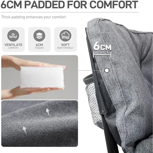 EVER ADVANCED Camping Chair Double for Adults 6cm Padded 320kg Folding 2 Seater Sofa with Side Pocket Dining Garden Outdoor Heavy Duty Luxury Fishing Chair Portable Oversized Comfy Lightgrey