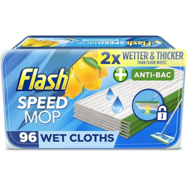 Flash Speedmop Wet Floor Cleaning Wipes, 96 Cloths (24x4), Antibac Lemon Multi-Surface, Trap & Lock Daily Dirt, Grease & Grime Without Getting Down On Your Knees ( Package may vary)