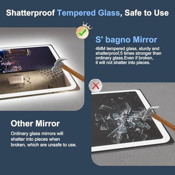 S'bagno Bathroom Mirror with LED Lights 1000x700mm, LED Bathroom Mirror with Memory, Anti-Fog, 3000K/4000K/6500K, Dimmable, HD Tempered Glass, IP44 Waterproof, Horizontal/Vertical