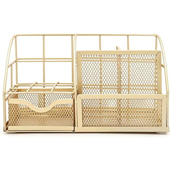 EXERZ Desk Organiser/Mesh Desk Tidy Caddy/Pencil Holder Multifunctional with 7 Compartments - Gold