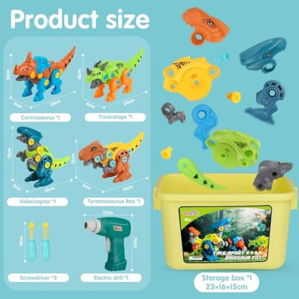 Dreamon Take Apart Dinosaur Toys for Kids with Storage Box Electric Drill DIY Construction Build Set Educational STEM for Boys Girls 3 Years and Up