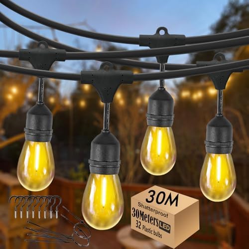 30M Festoon Lights Outdoor E27 IP65 Waterproof Festoon Lights Outdoor String Lights 4.4M Extension Cable Included, 30+2 Shatterproof S14 2700K Bulbs for Pergola Garden Backyard Fence, Linkable