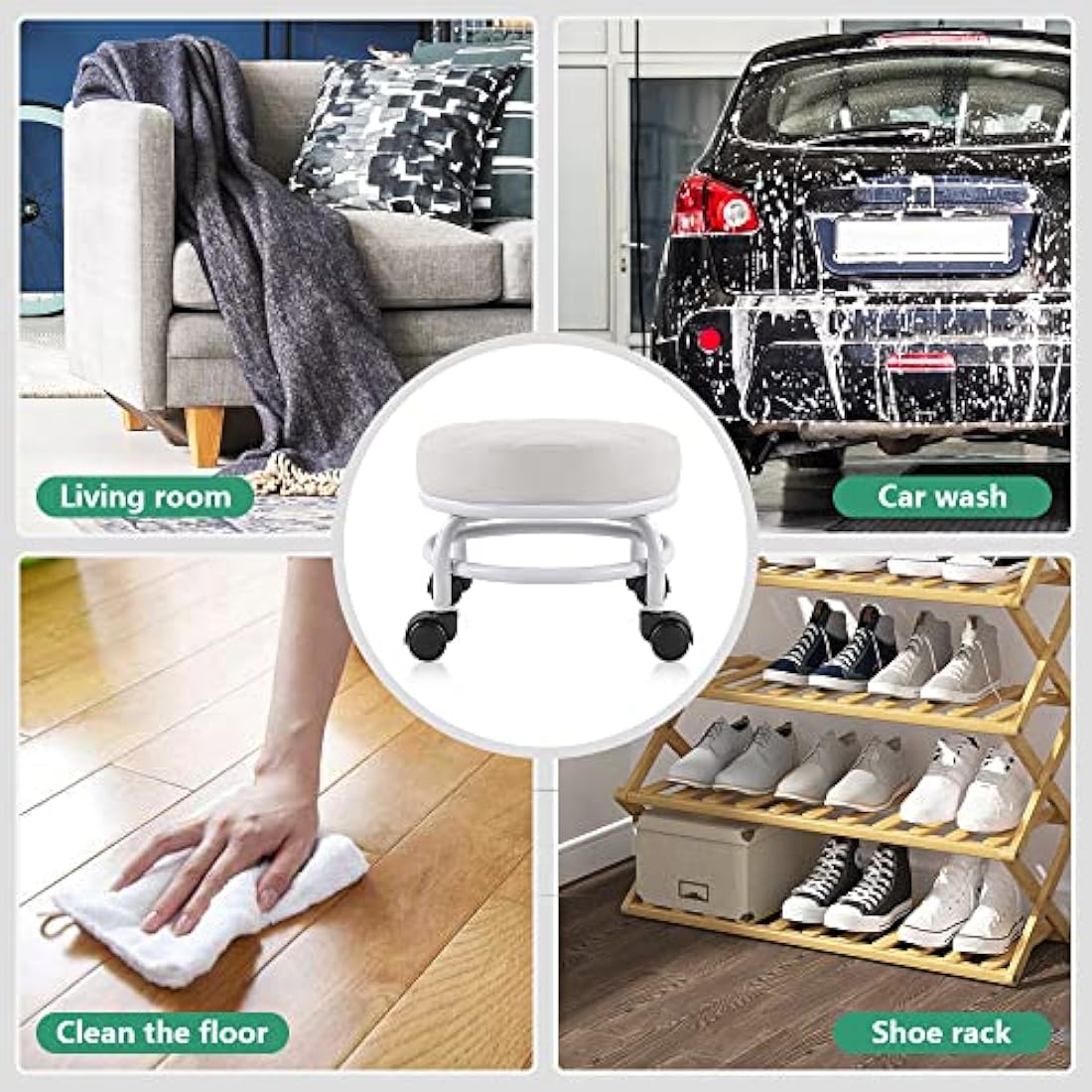 FURWOO Roller Seat PU Leather Low Round Rolling Floor Stool with Universal Caster Wheels for Home Fitness Sport Pedicure Stool, H：25.5cm(White)