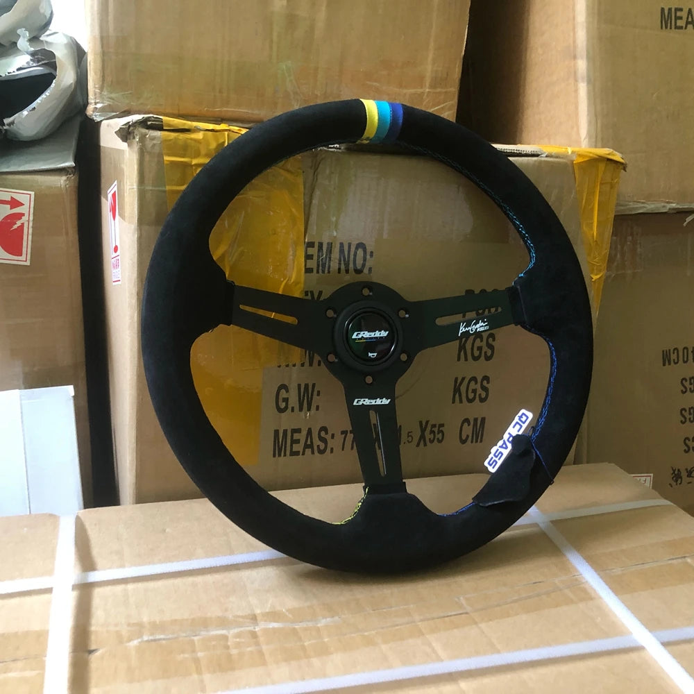 14Inch JDM Racing Greddy Steering Wheel JDM Rally Drift Suede Leather Greddy Steering Wheel Volantes For VW BMW Toyota Honda