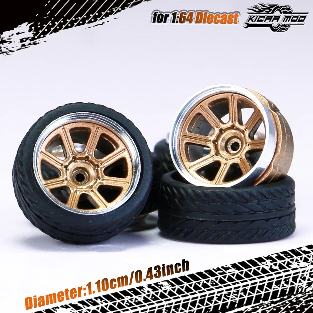 Kicarmod 1/64 Model Car ABS Wheels with Rubber Tire Rivet Axle Metal Rims Diameter 11mm Refitting Parts For Model Car Hot Wheels