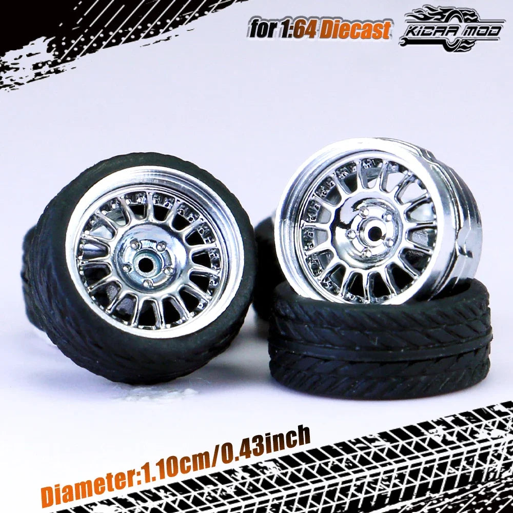 Kicarmod 1/64 Model Car ABS Wheels with Rubber Tire Rivet Axle Metal Rims Diameter 11mm Refitting Parts For Model Car Hot Wheels