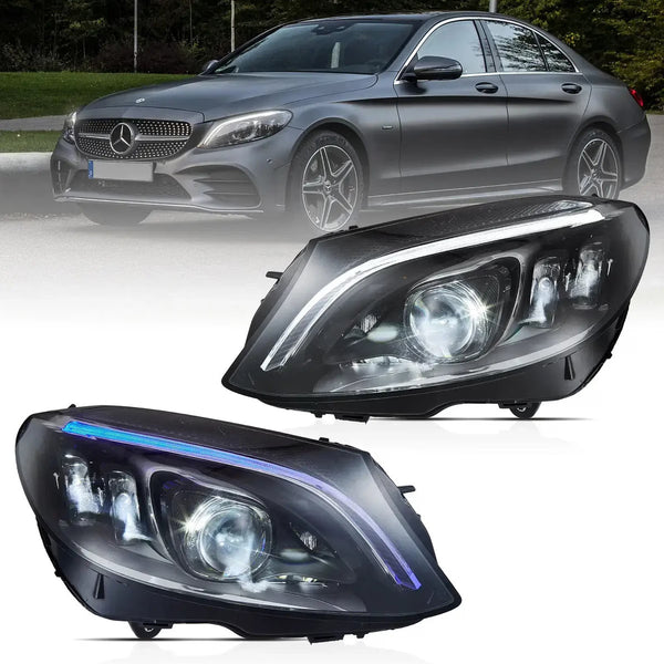 VLAND EU Pair Mercedes C-Class 15-21 LED DRL Seq Matrix Lightbar Headlights LHD