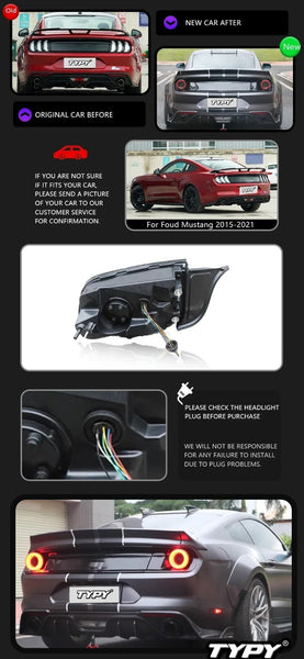 TYPY Pair LED DRL Halo Afterburner Rear Lights 15-21 Ford Mustang Red or Black