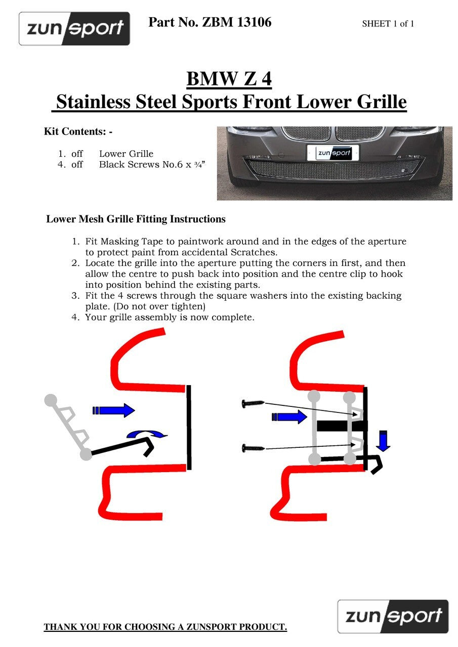 ZUNSPORT ZBM13206B BMW Z4 LCI Front Bumper Kidney & Lower Grille Grill Set Black