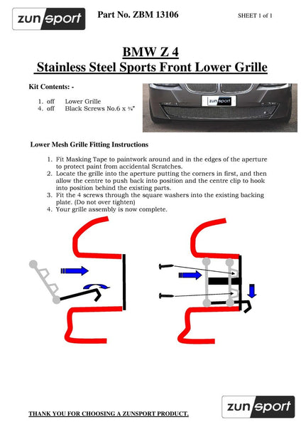 ZUNSPORT ZBM13206B BMW Z4 LCI Front Bumper Kidney & Lower Grille Grill Set Black