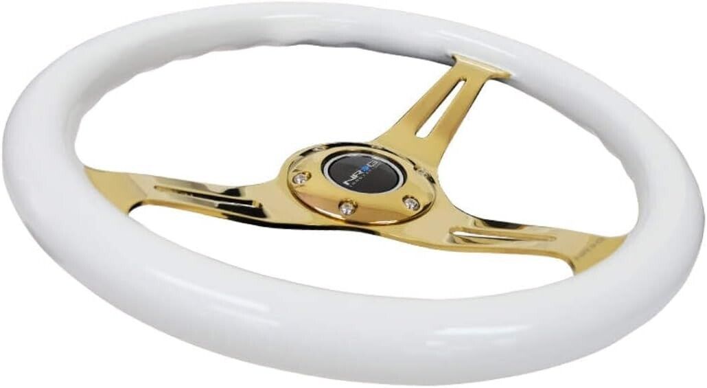 NRG Innovations Uni 350mm Leather Steering WHEEL Car Sim Gold & White Wood