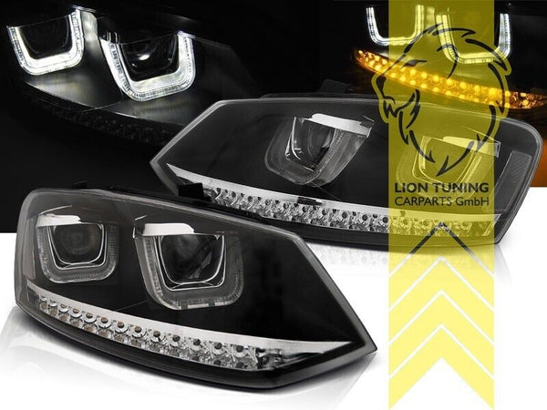 LT Pair LED DRL Halo Lightbar Headlights VW Polo 6R 6C U-Tube black H7 LHD