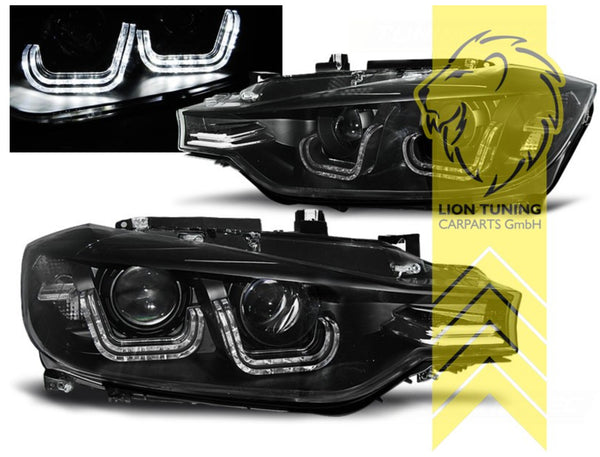 LT LED DRL Twin Halo Ring Headlights BMW F30 Saloon F31 F35 Touring black LHD