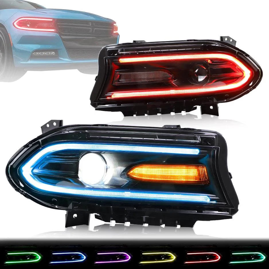 VLAND EU Pair Dodge Challenger 15-23 LED DRL RGB Colour Halo Headlights LHD
