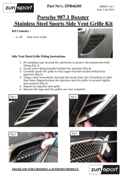 Zunsport Porsche Boxster 987 987.1 Man Full Set - Stainless Front Grille Side Vents