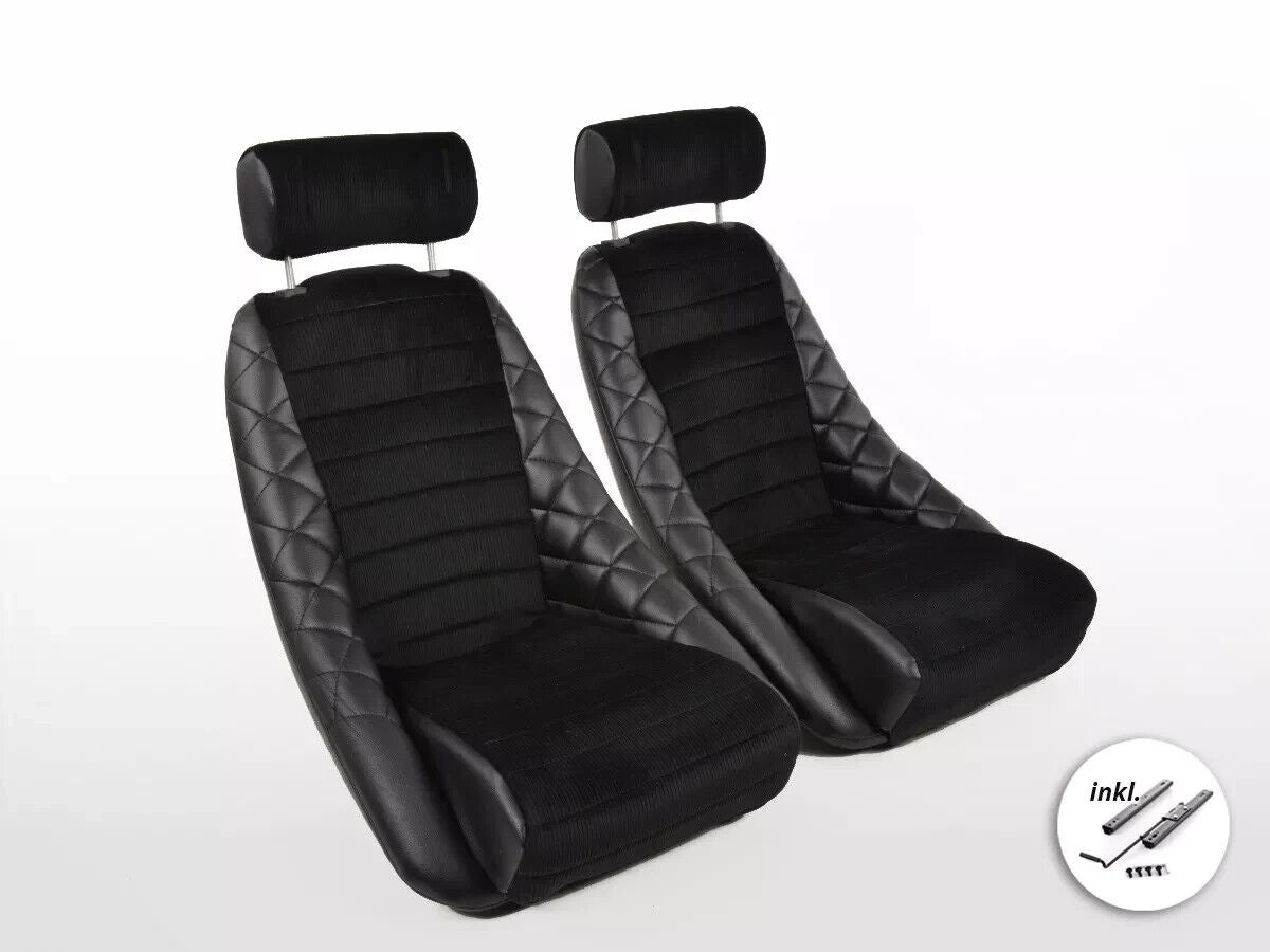 FK Pair Classic Retro Kit Car Bucket Seats Black Cord Textile + slides