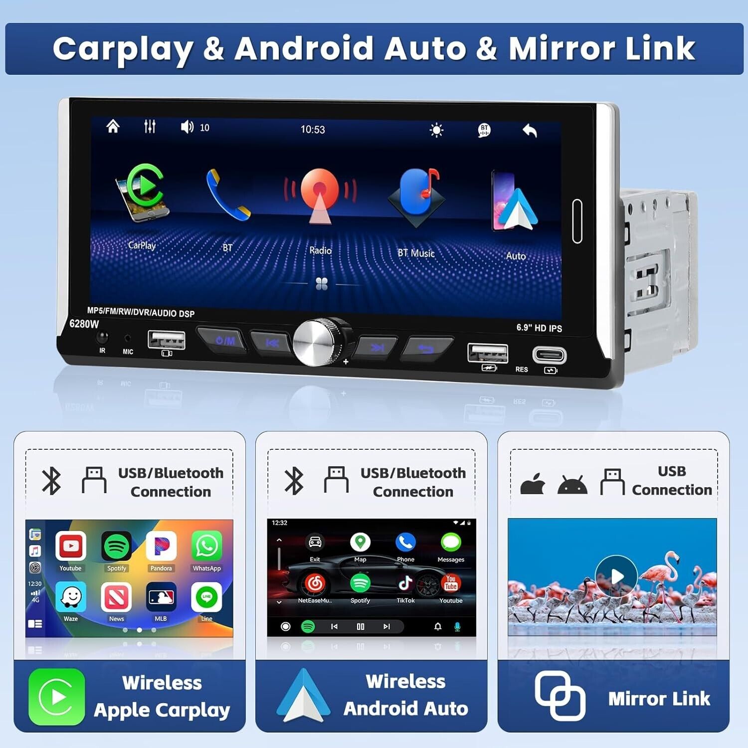 2024 6.9" Screen 1 Din Car Stereo Wireless CarPlay Android Auto BT USB C Camera