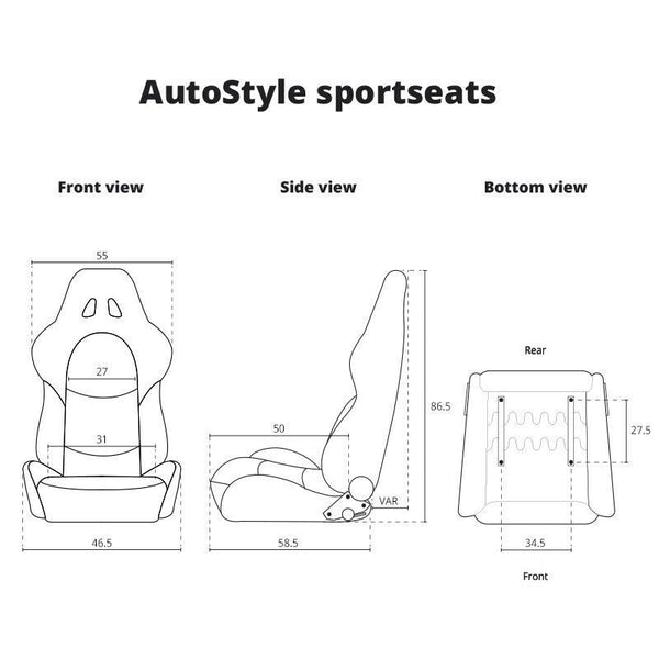 AUTOSTYLE BS5 x2 (Pair) Universal Sports Bucket Seats Black & Grey slide runners