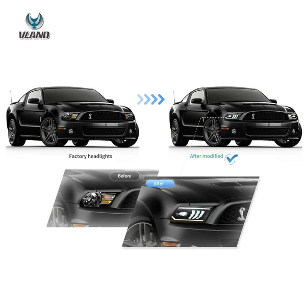 VLAND 05-09 Ford Mustang 5 MK5 S197 I Pre Facelift LED DRL Lightbar Dual Beam Projector Headlights Black LHD