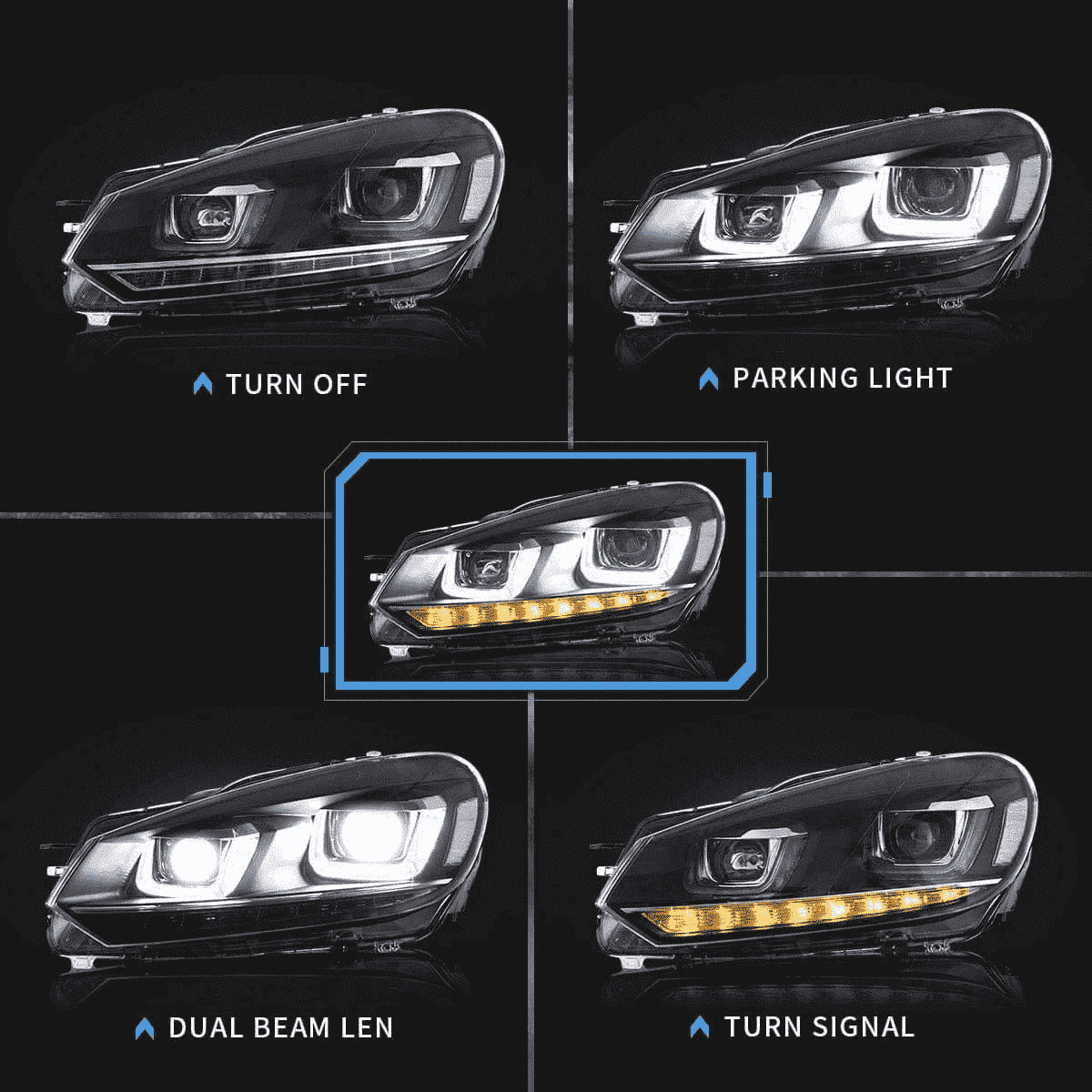 VLAND VW Golf 6 MK6 08-14 SEQUENTIAL LED DRL Lightbar Headlights LHD