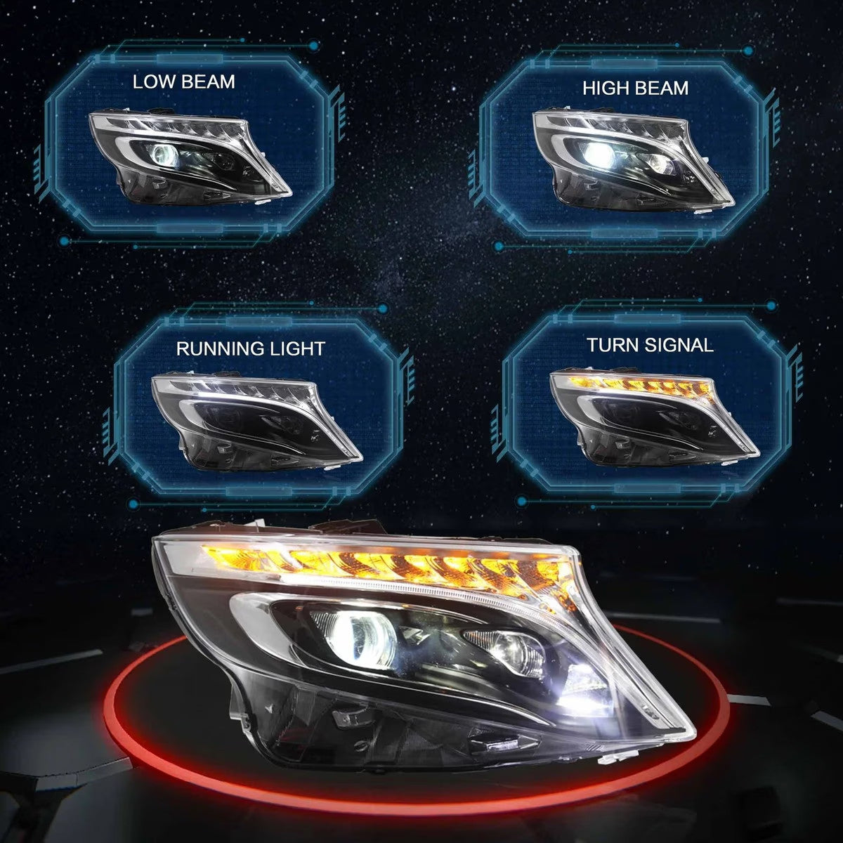 VLAND EU Pair Mercedes Metris Vito 14-23 LED DRL Lightbar Halo Headlights LHD