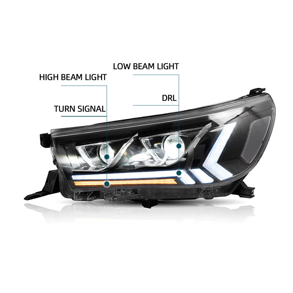 VLAND EU Pair Toyota Hilux Revo 15-20 LED DRL Seq Lightbar Headlights RHD / LHD