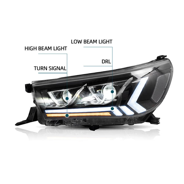 VLAND EU Pair Toyota Hilux Revo 15-20 LED DRL Seq Lightbar Headlights RHD / LHD