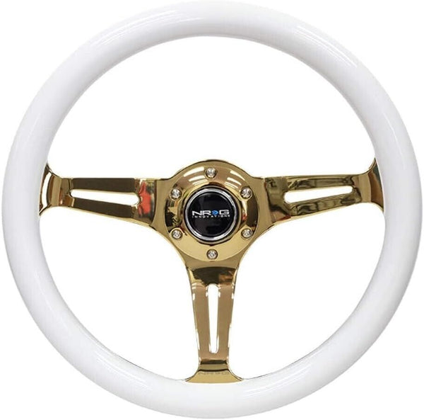 NRG Innovations Uni 350mm Leather Steering WHEEL Car Sim Gold & White Wood