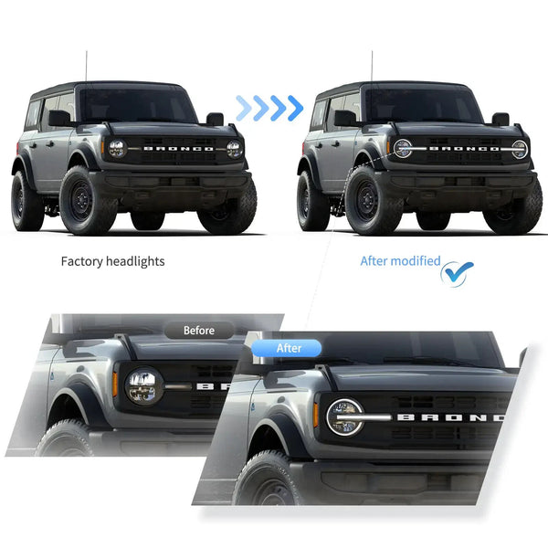 Pair VLAND 20-24 Ford Bronco Full LED DRL Lightbar Projector Halo Ring Headlights