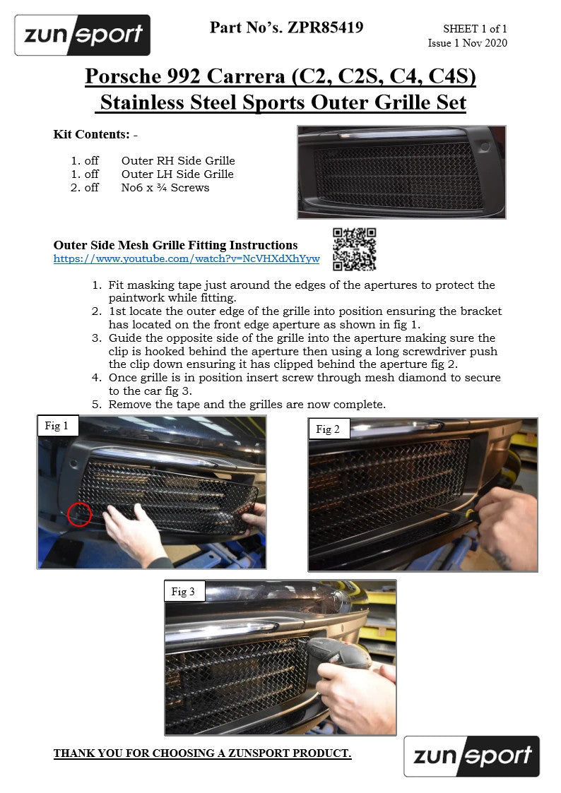 ZUNSPORT Black Front Full Mesh Grille Set PORSCHE 911 CARRERA 992 C2 C2S C4 C4S