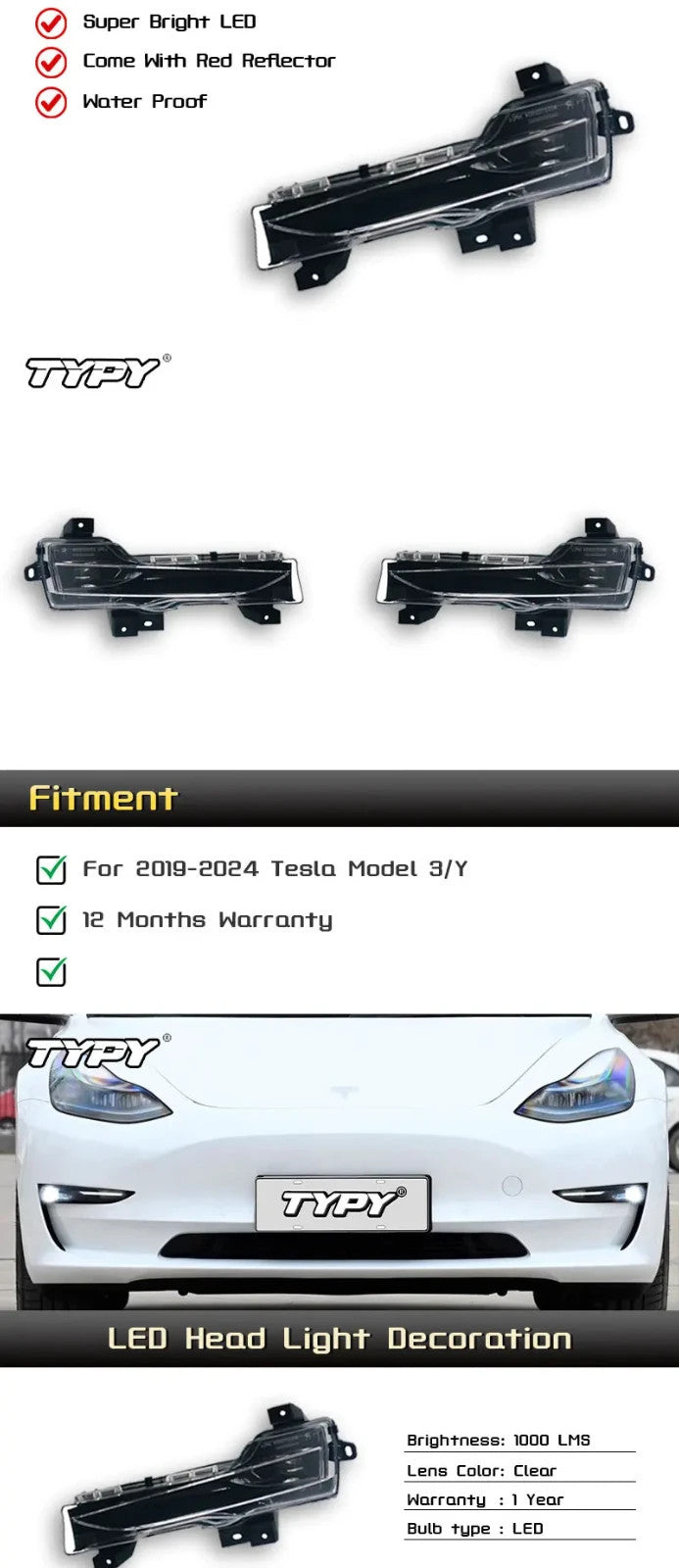 TYPY Pair 19-21 Tesla Model 3 Front Bumper LED DRL Turn Signal Fog Lights