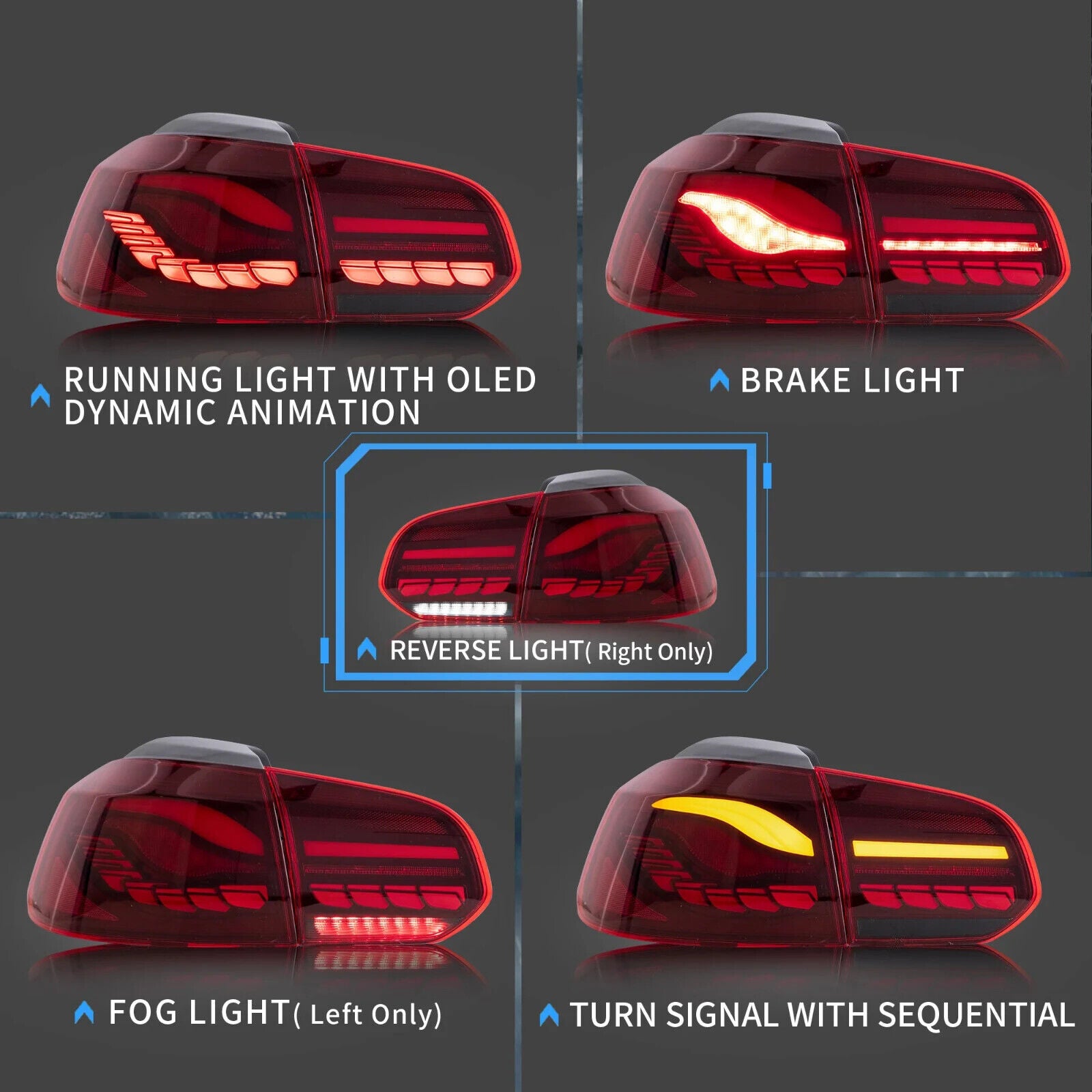 VLAND OLED Sequen Lightbar Rear Lights for Halogen HB - Golf 6 MK6 08-14 RED LHD