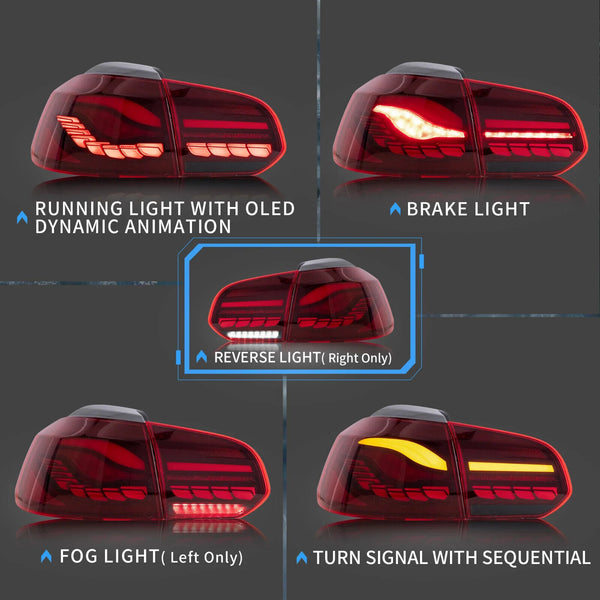 VLAND OLED Sequen Lightbar Rear Lights for Halogen HB - Golf 6 MK6 08-14 RED LHD