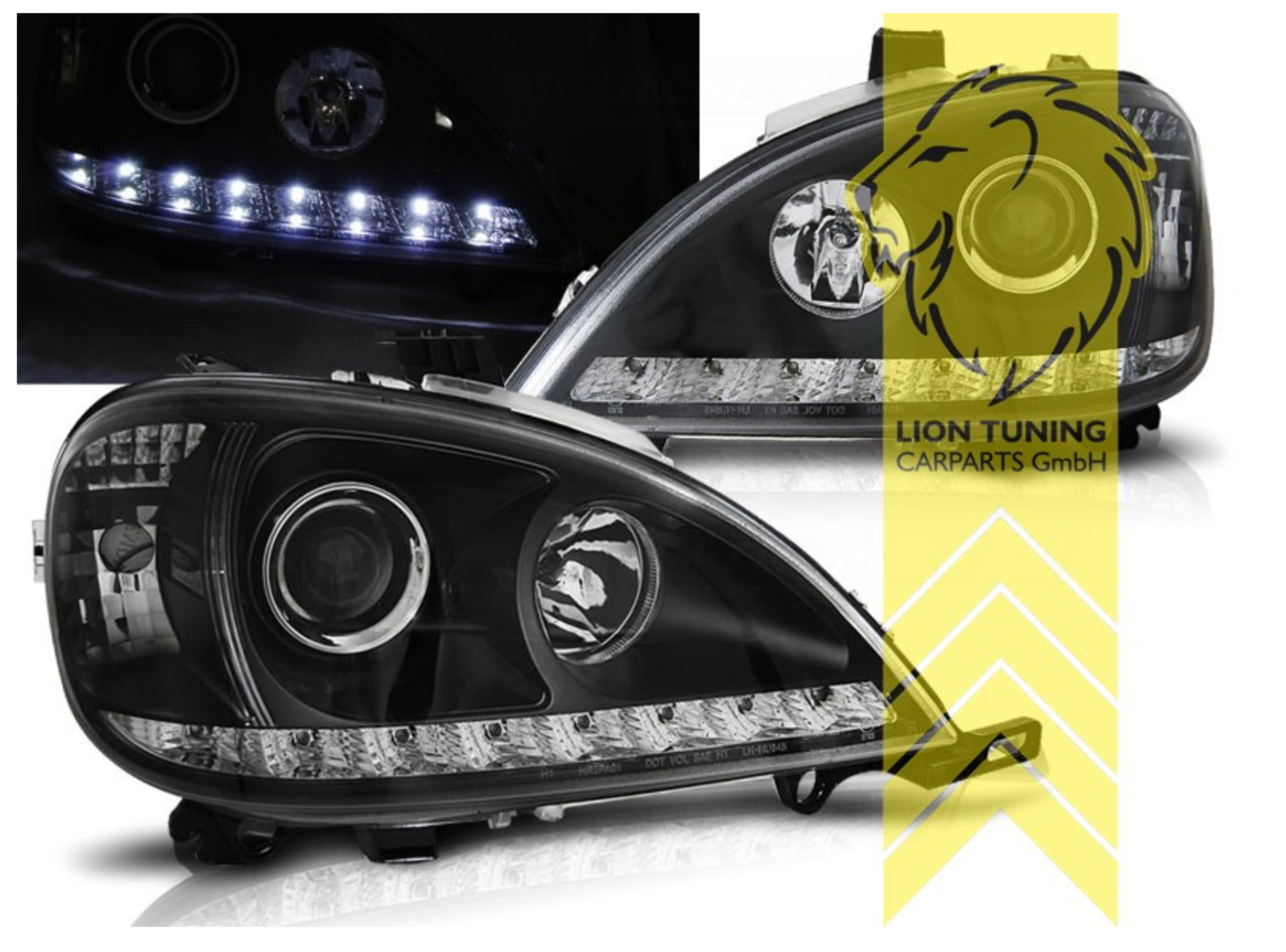 LT LED DRL Lightbar Halo Ring Headlights Mercedes W163 ML M-Class Black 01-05 LHD