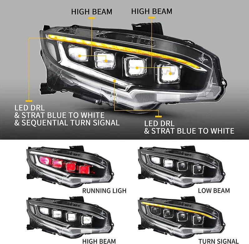 VLAND Honda Civic Sedan Coupe HB R 16-20 LED DRL Anim Lightbar Headlights US LHD