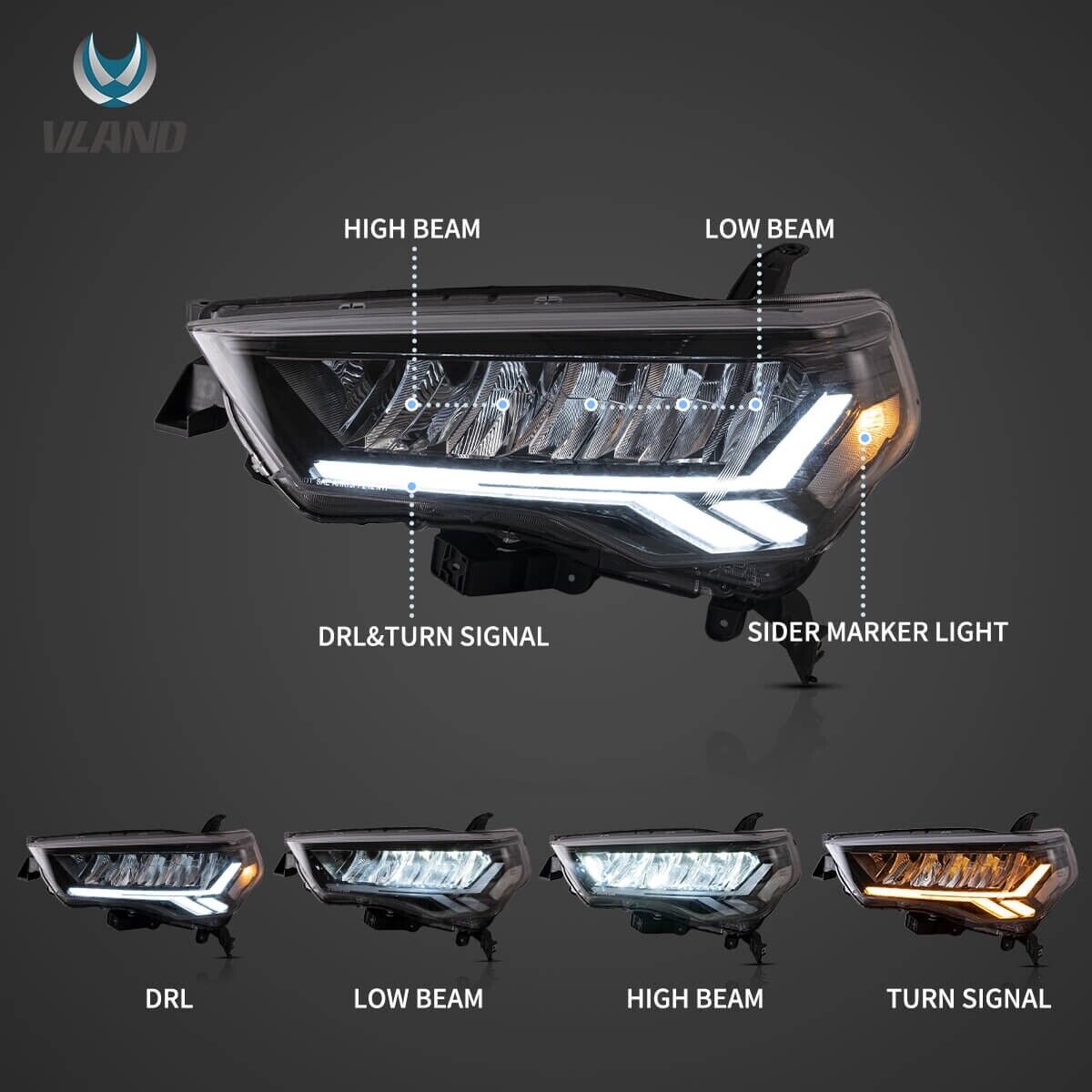 VLAND 14-24 Toyota 4Runner 5 MK5 5th Gen N280 LED DRL Lightbar Headlights LHD