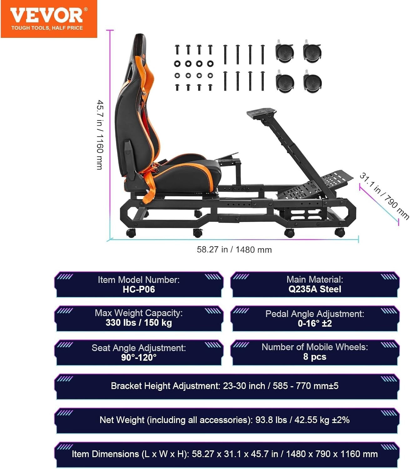VVR Driving Game Sim Racing Frame Rig + Seat for Wheel Pedals Xbox PS PC