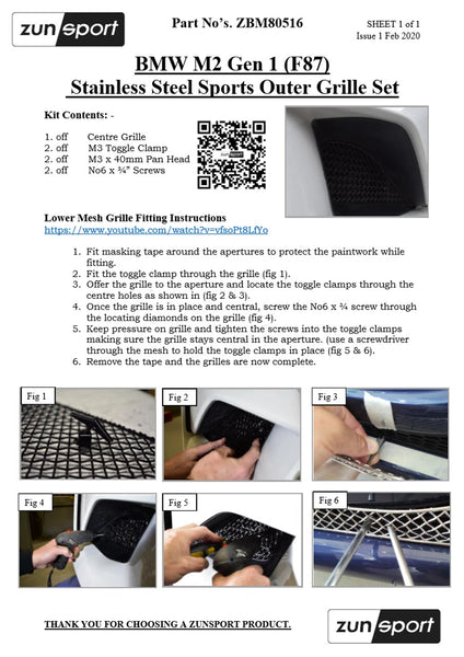 ZUNSPORT ZBM80716B BMW M2 Gen 1 Front Bumper Grille Set Black F87