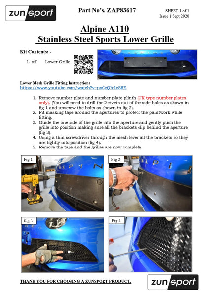 ZUNSPORT ZAP83617B Alpine A110 A110S Front Bumper Lower Grille Black Stainless